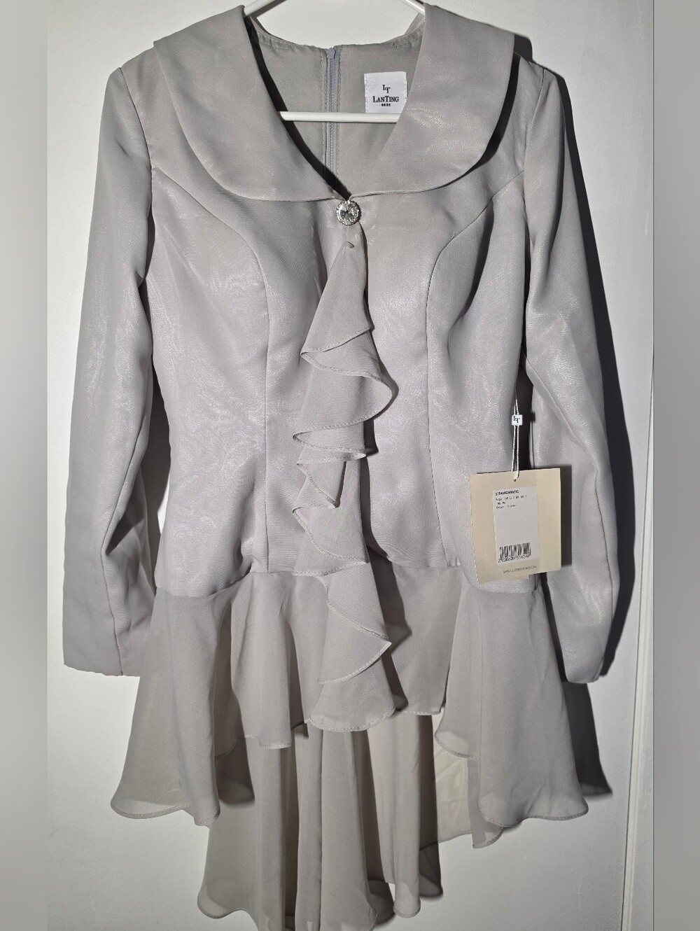 Lan Ting Light Gray Ruffle Peplum Blazer